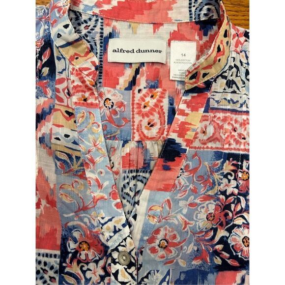 🌼5for$25🌼Alfred Dunner Cotton Pink Blue Patchwork Print Top 3/4 Sleeve - Picture 2 of 8